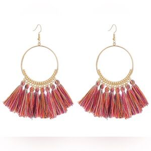 Rainbow Fringe Tassel Boho Dangle Earrings Gold Tone & Multicolored